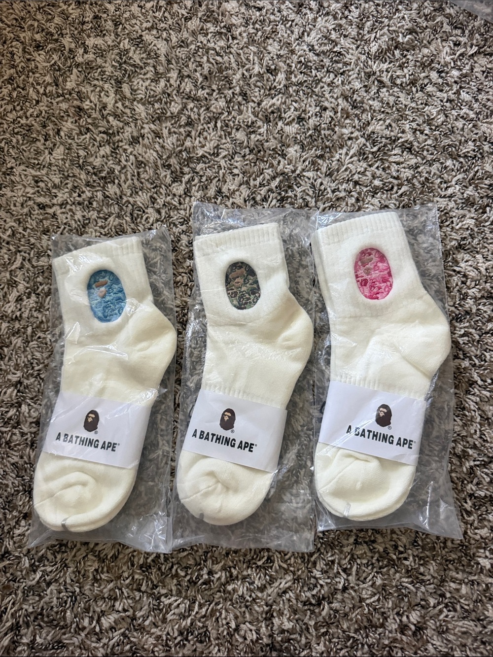 Bape White Low-Cut Socks with Blue, Green & Pink Camo Heels (3-Pack)